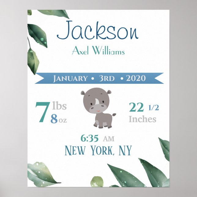 Baby Birth Stats signieren Elephant Blue & Green Poster (Vorne)
