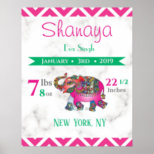 Baby Birth Stats signieren Elephant Marble Pink &  Poster