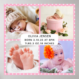 Baby Birth Stats Vier Foto Collage rosa polka Punk Poster