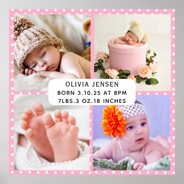 Baby Birth Stats Vier Foto Collage rosa polka Punk Poster (Vorne)