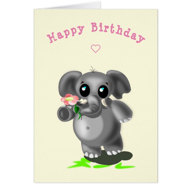Baby Birthday Card Kleiner Elefant mit Blume (Vorne)