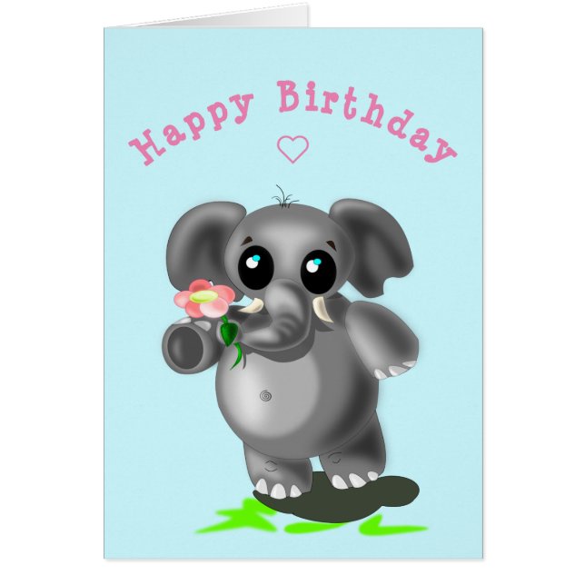 Baby Birthday Card Kleiner Elefant mit Blume (Vorne)
