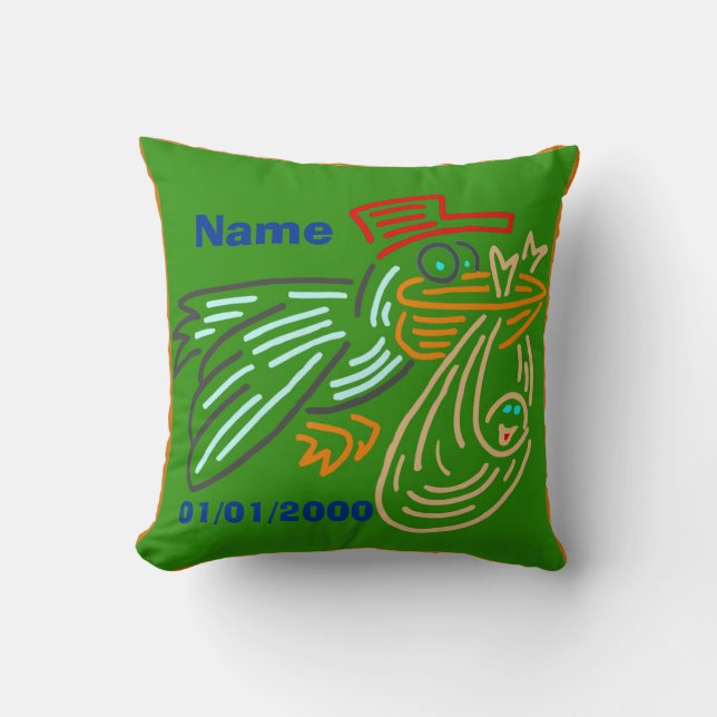 Baby Birthday Stork Coussin Vert (Recto)