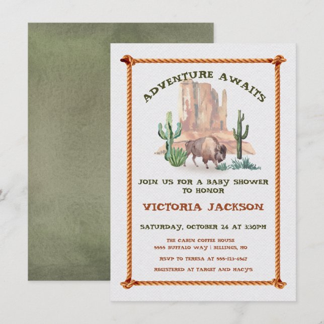 Baby Bison Buffalo Western Landscape Babydusche Einladung (Vorne/Hinten)
