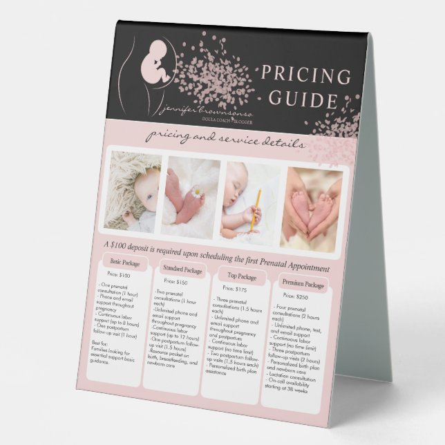 Baby Black Doula Birth Coach Service Preis Tischaufsteller (Vorderseite)