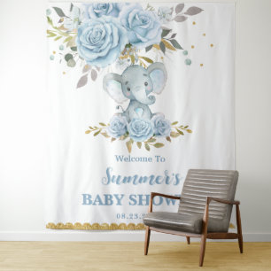 Baby Blau Floral Süßer Elefant Jungen Babyparty Wandteppich