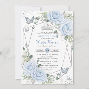 Baby Blau Florale Schmetterlinge Silber Quinceaner Einladung
