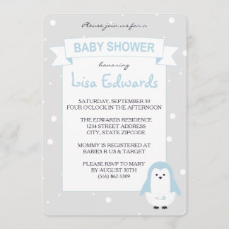 Baby-Blau-Pinguin-Babyparty-Einladung Einladung