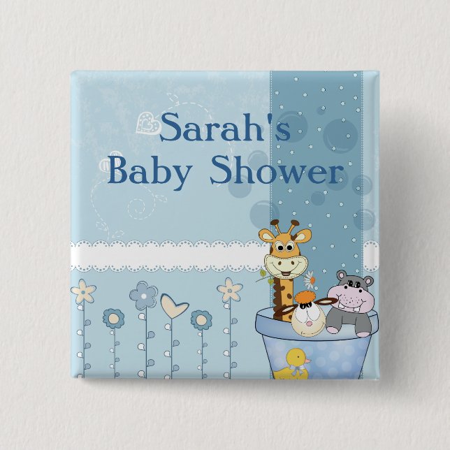 Baby-Blau punktiert Tier-Blumen-Baby-Dusche Button (Vorderseite)