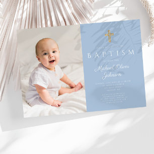Baby Blau Religiöses Kreuz Jungen Foto Taufe Einladung