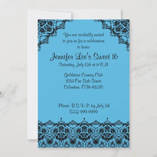 Baby-Blau und schwarze elegante Einladung Sweet16 (Vorderseite)