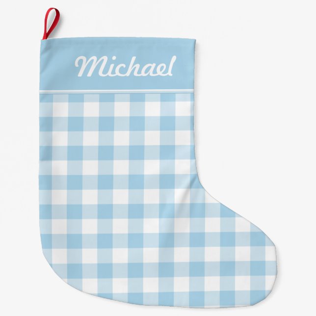 Baby-Blau-und Weiß-Gingham personalisiert Großer Weihnachtsstrumpf (Vorderseite)