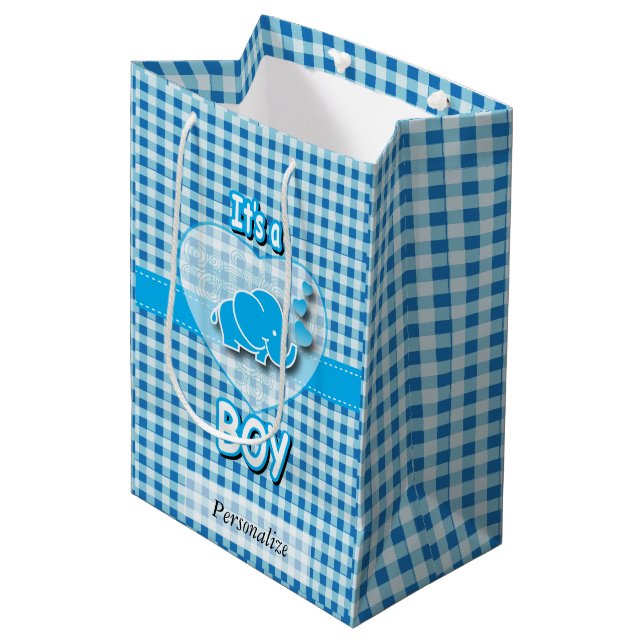 Baby-Blau-und weißerkarierter Baby-Elefant Mittlere Geschenktüte (Vorderseite Schrägansicht)