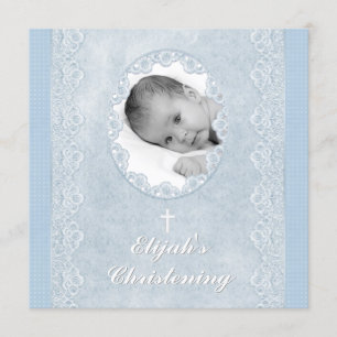 Baby Blau Weiß Junge Foto Taufe Christening Einladung