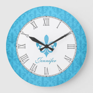 Baby bleu fleur de lis damask nom horloge murale