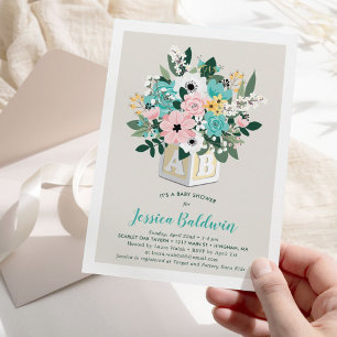 Baby Block Blume Arrangement Kinderdusche Einladung