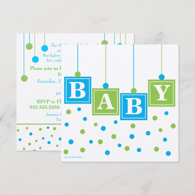 BABY blockiert Blue Green Boy Baby Dusche - CUSTOM Einladung (Vorne/Hinten)