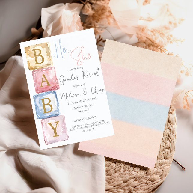 Baby Blocks Gender Reveal He or She baby shower Einladung (Von Creator hochgeladen)