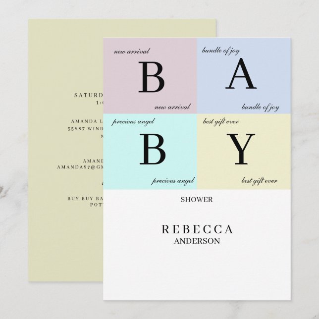 Baby Blocks Pastel Baby Dusche Einladung (Vorne/Hinten)