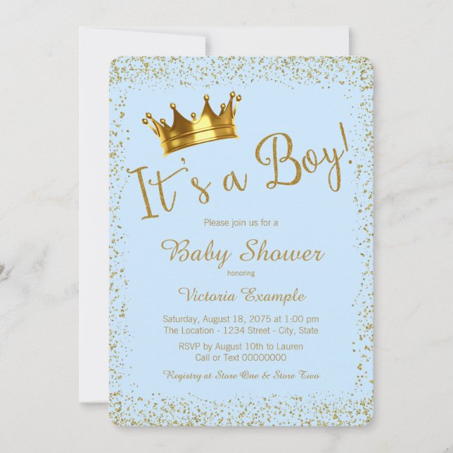 Baby Blue and Gold Baby Dusche Einladung (Vorderseite)