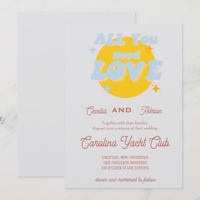 Baby Blue and Yellow Retro Hochzeitseinladung Einladung (Vorne/Hinten)