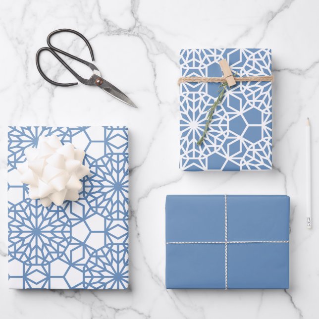 Baby Blue Arabesque Geometric Muster Geschenkpapier Set (Vorderseite)