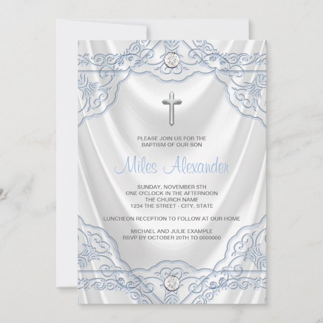 Baby Blue Baptism Christening White Satin Einladung (Vorderseite)