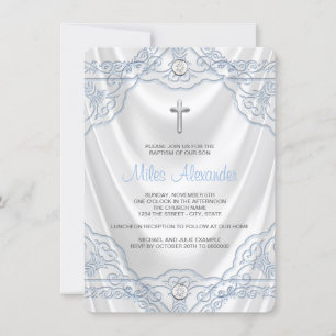 Baby Blue Baptism Christening White Satin Einladung