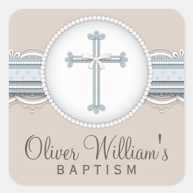 Baby Blue | Beige Religious Celebration Cross Quadratischer Aufkleber (Vorderseite)