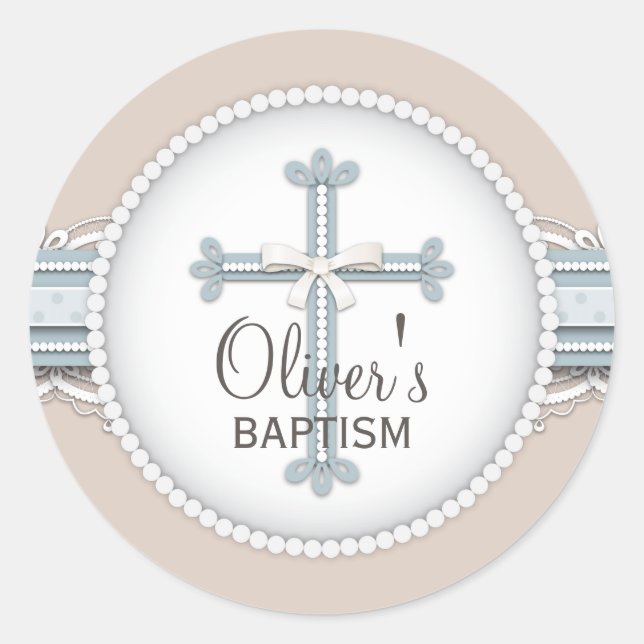 Baby Blue | Beige Religious Celebration Cross Runder Aufkleber (Vorderseite)