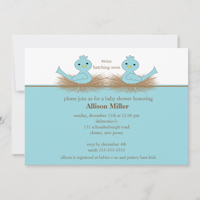 Baby Blue Birds TWINS Babydusche Einladung (Vorderseite)