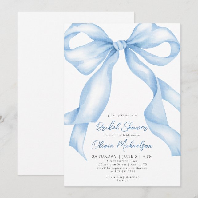 Baby Blue Bow Coquette Ribbon Brautparty Einladung (Vorne/Hinten)