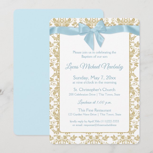 Baby Blue Bow und Gold Damask Taufe Einladung (Vorne/Hinten)