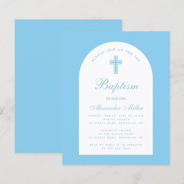 Baby Blue Boy Baptism Arch Budget Einladung (Vorne/Hinten)