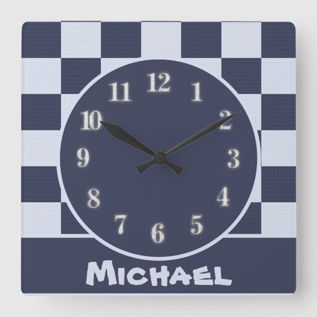 Baby Blue Boy Geometric Square Pattern Quilt Baby Quadratische Wanduhr (Vorderseite)