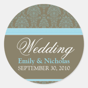 Baby Blue Chocolate Damask Wedding Invitation Sieg Runder Aufkleber