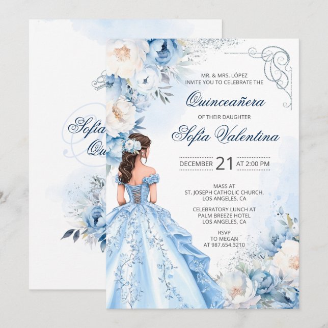 Baby Blue Cinderella Quinceañera Einladung (Vorne/Hinten)