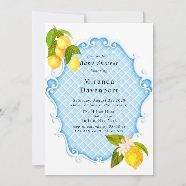 Baby Blue Citrus Lemon Baby Dusche Einladung (Vorderseite)