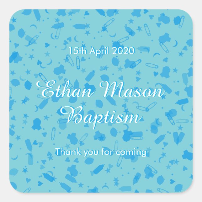 Baby Blue Confetti Taufe Christening Favor Quadratischer Aufkleber (Vorderseite)
