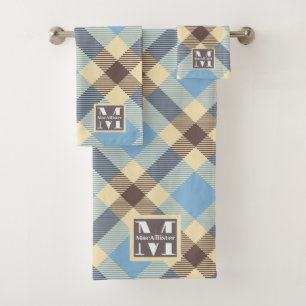 Baby Blue Cream Brown Retro Plaid Monogramme Nom