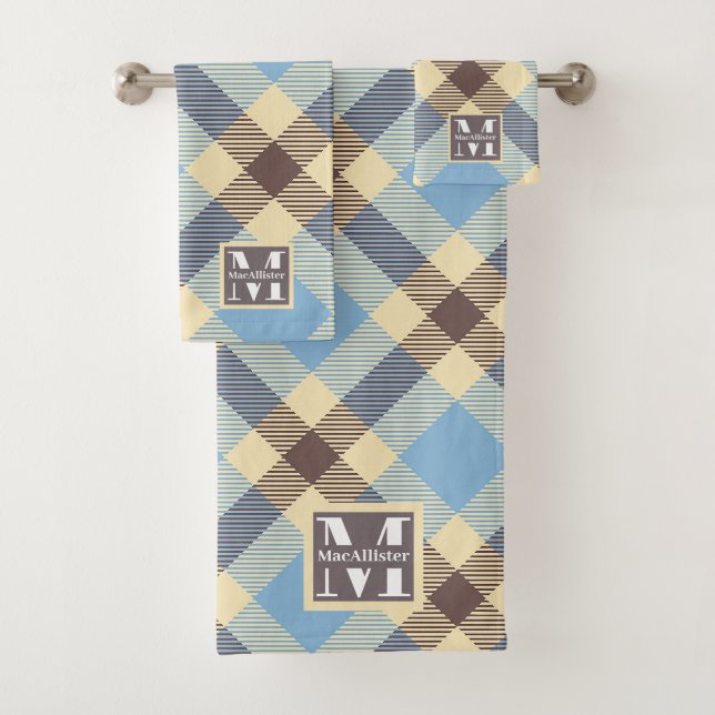 Baby Blue Cream Brown Retro Plaid Monogramme Nom (En situation)