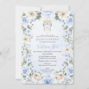 Baby Blue Creme Floral Wreath Gold Quinceañera Einladung