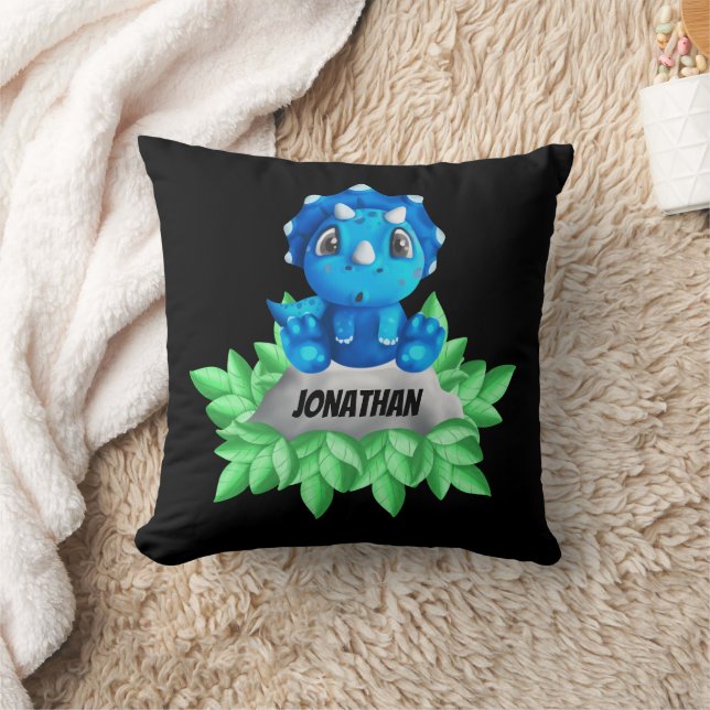 Baby Blue Dinosaur Black Throw Kissen (Decke)