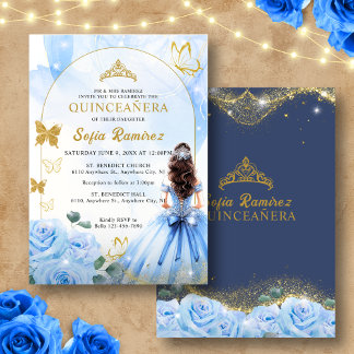 Baby Blue Dress Princess Glitzer Quinceañera Einladung