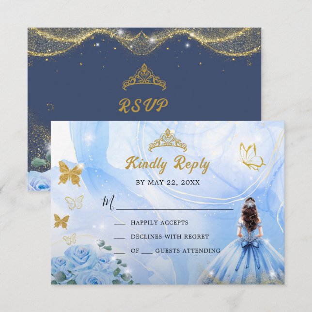 Baby Blue Dress Princess Glitzer Quinceañera RSVP Karte (Vorne/Hinten)