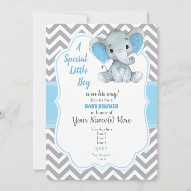 Baby Blue Elephant Baby shower Invitation Chevron (Devant)