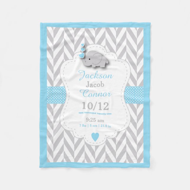 Baby Blue Elephant Birth Keepake Design Fleecedecke (Vorderseite)