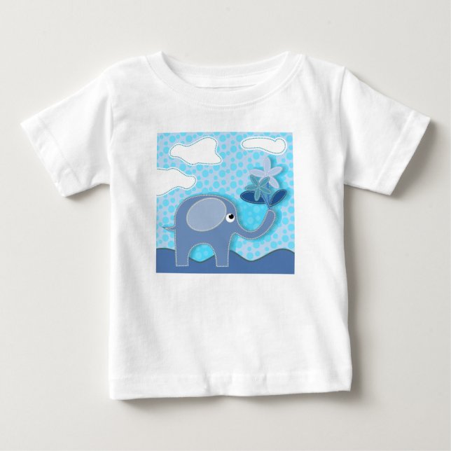 Baby Blue Elephant und Blume Baby T-shirt (Vorderseite)