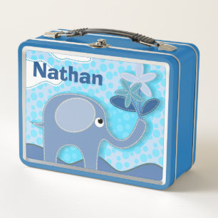 Baby Blue Elephant und Blume Personalisiert Kinder Metall Brotdose