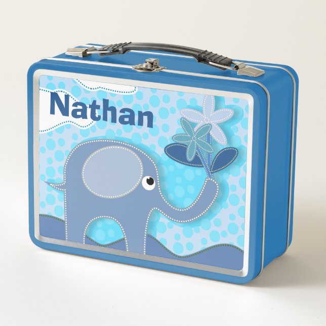 Baby Blue Elephant und Blume Personalisiert Kinder Metall Brotdose (Vorderseite)